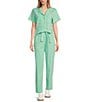 Color:Mint - Image 1 - Washed Notch Collar Cuffed Short Sleeve Button Front Belted Utility Flight Suit