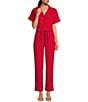 Color:Red - Image 1 - Washed Notch Collar Cuffed Short Sleeve Button Front Belted Utility Flight Suit