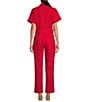 Color:Red - Image 2 - Washed Notch Collar Cuffed Short Sleeve Button Front Belted Utility Flight Suit