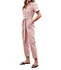 Skies Are Blue Washed Notch Collar Cuffed Short Sleeve Button Front Belted Utility Flight Suit, Color:Dusty Pink - Image 3
