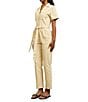 Skies Are Blue Washed Notch Collar Cuffed Short Sleeve Button Front Belted Utility Flight Suit, Color:Panna Cotta - Image 3