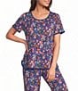 Sleep Sense Navy Garden Print Short Sleeve Scoop Neck Knit Coordinating Sleep Top - Image 1