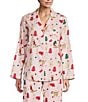 Sleep Sense Pink Cat Print Flannel Long Sleeve Notch Collar Coordinating Button-Front Holiday Sleep Top, Color:Pink Cats - Image 1