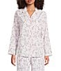 Sleep Sense Pink Cat Print Woven Twill Long Sleeve Notch Collar Button-Front Coordinating Sleep Top - Image 1