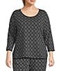 Sleep Sense Plus Size Black Geo Print Scoop Neck 3/4 Sleeve Knit Coordinating Sleep Top, Color:Black Geo - Image 1
