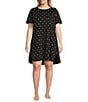 Color:Black Daisy - Image 1 - Plus Size Daisy Print Short Sleeve Chest Pocket Crew Neck Curved Hem Knit Nightgown