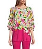 Color:Cascade Floral - Image 1 - Slim Factor by Investment 3/4 Tiered Sleeve Cascade Floral Knit Top