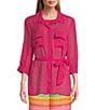 Color:Magenta - Image 1 - Slim Factor by Investments 3/4 Sleeve Double Pocket Point Collar Button Down Top