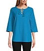 Color:Blue Danube - Image 1 - Slim Factor by Investments 3/4 Sleeve Lace Up Top