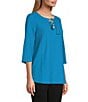Color:Blue Danube - Image 3 - Slim Factor by Investments 3/4 Sleeve Lace Up Top