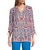 Color:Abstract Paisley - Image 1 - Slim Factor by Investments Abstract Paisley Print Split V Neckline 3/4 Sleeve Tie Sleeve Peasant Blouse