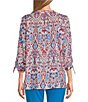 Color:Abstract Paisley - Image 2 - Slim Factor by Investments Abstract Paisley Print Split V Neckline 3/4 Sleeve Tie Sleeve Peasant Blouse