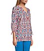 Color:Abstract Paisley - Image 3 - Slim Factor by Investments Abstract Paisley Print Split V Neckline 3/4 Sleeve Tie Sleeve Peasant Blouse