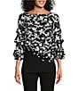 Color:Cascade Ikat - Image 1 - Slim Factor by Investments Cascade Ikat Floral Print Boat Neck 3/4 Tiered Sleeve Top