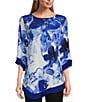 Color:Fading Floral - Image 1 - Slim Factor by Investments Fading Floral Print 3/4 Sleeve Asymmetrical Hem Knit Top