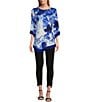 Color:Fading Floral - Image 3 - Slim Factor by Investments Fading Floral Print 3/4 Sleeve Asymmetrical Hem Knit Top