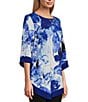 Color:Fading Floral - Image 4 - Slim Factor by Investments Fading Floral Print 3/4 Sleeve Asymmetrical Hem Knit Top