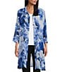 Color:Fading Floral - Image 1 - Slim Factor by Investments Fading Floral Print Point Collar 3/4 Sleeve Side Slit Button Front Duster