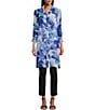 Color:Fading Floral - Image 3 - Slim Factor by Investments Fading Floral Print Point Collar 3/4 Sleeve Side Slit Button Front Duster