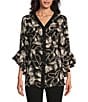 Color:Organic Petal - Image 1 - Slim Factor by Investments Floral Print V-Neck 3/4 Ruffle Sleeve Button Front Blouse