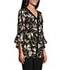 Color:Organic Petal - Image 4 - Slim Factor by Investments Floral Print V-Neck 3/4 Ruffle Sleeve Button Front Blouse