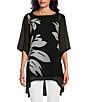 Color:Ikat Floral - Image 1 - Slim Factor by Investments Ikat Floral Print Boat Neck 3/4 Sleeve Lined Tunic