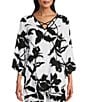 Color:Ikat Flower - Image 1 - Slim Factor by Investments Ikat Floral Print V-Neck 3/4 Sleeve Criss Cross Neck Coordinating Knit Tunic