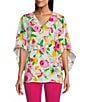 Color:Kaleidoscope Floral - Image 1 - Slim Factor by Investments Kaleidoscope Floral V Neck 3/4 Draped Sleeve Top