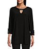 Color:Black - Image 1 - Slim Factor by Investments Keyhole Square Grommet Neck 3/4 Roll-Tab Sleeve Top