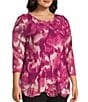Investments Slim Factor by Investments Plus Size Kiki Blur Print Crew Neck Long Sleeve Ruffled Hem Lined Top, Color:Magenta Purple Blur - Image 3