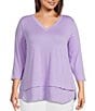 Investments Slim Factor by Investments Plus Size Chloe V-Neck 3/4 Sleeve Mixed Media Top, Color:Sunlit Allium - Image 1