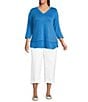 Investments Slim Factor by Investments Plus Size Chloe V-Neck 3/4 Sleeve Mixed Media Top, Color:Vallarta Blue - Image 3