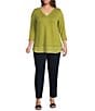 Investments Slim Factor by Investments Plus Size Chloe V-Neck 3/4 Sleeve Mixed Media Top, Color:Green Olive - Image 3