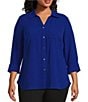 Color:Royal Blue - Image 1 - Slim Factor by Investments Plus Size Collared Y-Neck 3/4 Sleeve Button Front Blouse