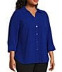 Color:Royal Blue - Image 4 - Slim Factor by Investments Plus Size Collared Y-Neck 3/4 Sleeve Button Front Blouse