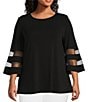 Color:Black - Image 1 - Slim Factor By Investments Plus Size Crew Neck 3/4 Flared Mesh Insert Sleeve Knit Top