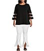 Color:Black - Image 3 - Slim Factor By Investments Plus Size Crew Neck 3/4 Flared Mesh Insert Sleeve Knit Top