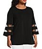 Color:Black - Image 4 - Slim Factor By Investments Plus Size Crew Neck 3/4 Flared Mesh Insert Sleeve Knit Top
