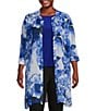 Color:Fading Floral - Image 1 - Slim Factor by Investments Plus Size Fading Floral Print 3/4 Sleeve Button Front Duster