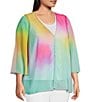 Color:Gradient Hues - Image 4 - Slim Factor by Investments Plus Size Gradient Hues Print 3/4 Sleeve Faux Cardigan Blouse