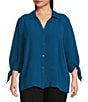 Investments Slim Factor by Investments Plus Size Nicole Point Collar Y-Neck 3/4 Tie Sleeve Button Front Top, Color:Sailor Blue - Image 1