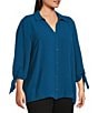 Investments Slim Factor by Investments Plus Size Nicole Point Collar Y-Neck 3/4 Tie Sleeve Button Front Top, Color:Sailor Blue - Image 3