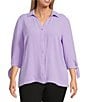 Investments Slim Factor by Investments Plus Size Nicole Point Collar Y-Neck 3/4 Tie Sleeve Button Front Top, Color:Sunlit Allium - Image 1