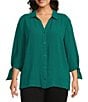 Investments Slim Factor by Investments Plus Size Nicole Point Collar Y-Neck 3/4 Tie Sleeve Button Front Top, Color:Aventurine - Image 1