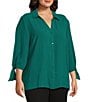 Investments Slim Factor by Investments Plus Size Nicole Point Collar Y-Neck 3/4 Tie Sleeve Button Front Top, Color:Aventurine - Image 3