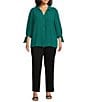 Investments Slim Factor by Investments Plus Size Nicole Point Collar Y-Neck 3/4 Tie Sleeve Button Front Top, Color:Aventurine - Image 5