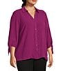Investments Slim Factor by Investments Plus Size Nicole Point Collar Y-Neck 3/4 Tie Sleeve Button Front Top, Color:Magenta Purple - Image 3