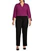 Investments Slim Factor by Investments Plus Size Nicole Point Collar Y-Neck 3/4 Tie Sleeve Button Front Top, Color:Magenta Purple - Image 5