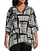 Color:Brushed Stripe - Image 1 - Slim Factor by Investments Plus Size Printed V-Neck 3/4 Sleeve Rib Trim Knit Tunic