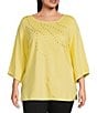 Color:Sunshine - Image 1 - Slim Factor By Investments Plus Size Round Neck 3/4 Sleeve Ponte Shell Beaded Heatset Top
